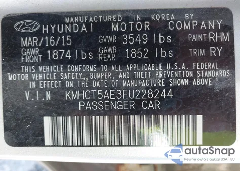 2015 Hyundai Accent Gs from USA, damaged, VIN KMHCT5AE3FU228244